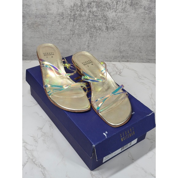 Stuart Weitzman Shoes - Stuart Weitzman Focus Gold Iridescent Holographic Kitten Heel Sandals 7M Y2K